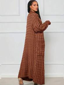 Plus Size Women V-Neck Long Sleeve Solid Color Cable Knit Cardigan, Autumn/Winter - Coffee Brown - View 2