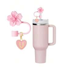 2pcs/1set Heart & Letter Pomegranate Flower Straw Topper, Pink Cup Letter Marker, And Silicone Pomegranate Flower Reusable Straw Cap 10mm Wide Straw, Cute Letter Decorations, Suitable Modern Minimalist Glass Cups - 粉色 - 查看 10