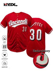 KTYSDE Men's #30 Red Baseball Jersey, Cincinnati Letter Embroidery Loose V-Neck Short Sleeve Button Cardigan Sports Top, Suitable For Casual Daily Wear, Streetwear, Baseball, Golf Training, Fan Gift, Unisex - 紅色 - 查看 1
