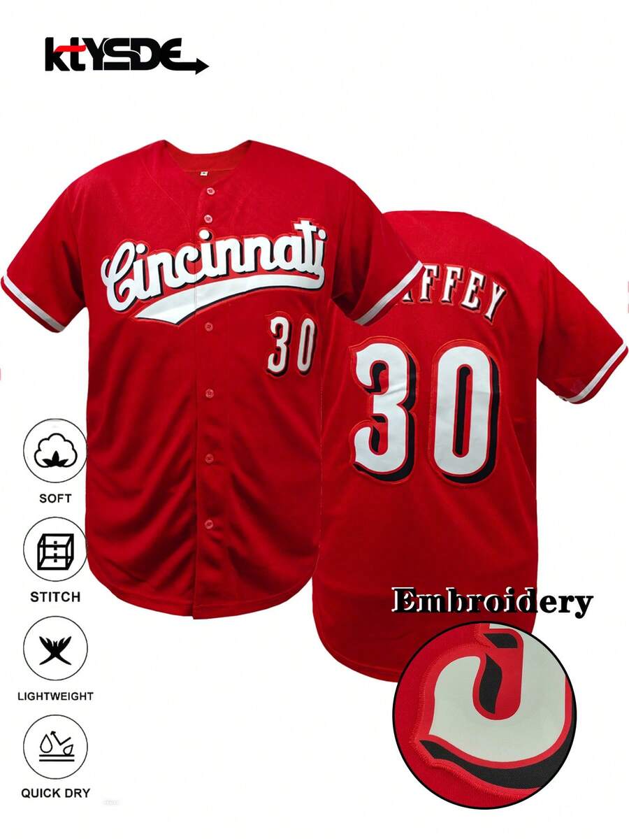 KTYSDE Men's #30 Red Baseball Jersey, Cincinnati Letter Embroidery Loose V-Neck Short Sleeve Button Cardigan Sports Top, Suitable For Casual Daily Wear, Streetwear, Baseball, Golf Training, Fan Gift, Unisex - 紅色 - 查看 1