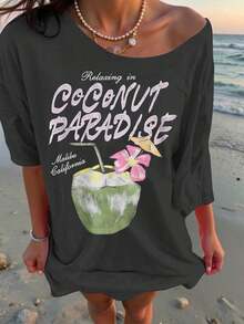 100%Cotton Women's Oversized ,Vintage,Camisa,Tops For Women,Ropa,,Summer Tops For Women,Vintage Tops,Motif Women Clothes Off Shoulder Cocktail Fish Coconut Graphic Print Crew Neck Short Sleeve Casual T-Shirt Soft Breathable Loose Fit Vacation Style Spring Summer Daily Wear Home Outdoor Travel Holiday Gift - Màu xám đen - Xem 6