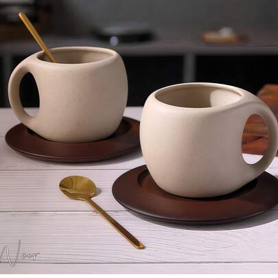 250毫升复古手工陶瓷咖啡杯套装 - 咖啡杯 + 木质杯垫 + 金属勺，情侣个性化礼物，返校必备，适合居家和咖啡馆使用