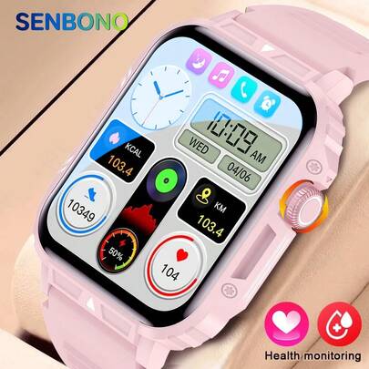  SENBONO 男女智能手表，具有无线通话功能，拨打或接听电话，男女款运动智能手表，心率监测器，IP68 防水，步数、距离、卡路里健身追踪器手表，信息推送，自定义表盘，适用于 Android 的运动智能手表，节日最佳礼物