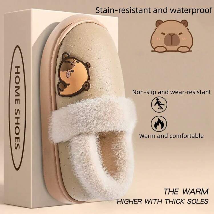Cute Cartoon Women Slippers, Warm Thick Sole Fashion New Capybara Plush Snow Boots, Slip-On Couple Slippers, Soft Bottom Comfortable Winter Women Slippers For Outdoor And Indoor, Casual Versatile Men Slippers - Khaki - View 2