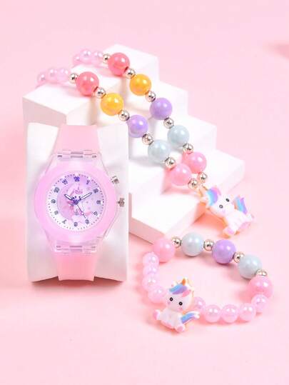 Bộ 3 món quà tặng cho bé gái: Đồng hồ đeo tay trẻ em hình kỳ lân trên mặt trăng bằng silicon mềm, Đồng hồ đeo tay thạch anh có đèn LED sáng tạo dành cho học sinh tiểu học, Bộ trang sức vòng cổ đính hạt công chúa thời trang