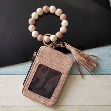 PU Leather Tassel Wallet Silicone Beaded Key Chain Silicone Beaded Bracelet Silicone Beaded Hand String Card Bag Case Women's Wallet Key Chain Wrist Strap Western Cowboy Bracelet Card Bag Cow Print Card Bag