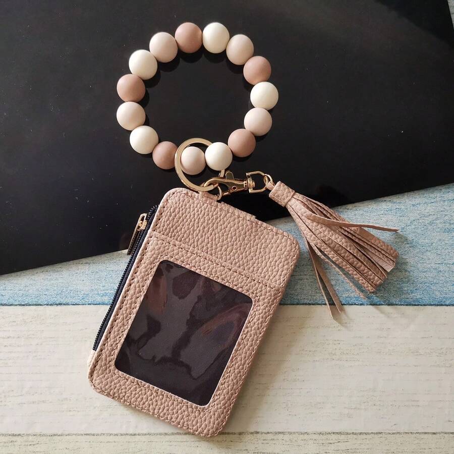 PU Leather Tassel Wallet Silicone Beaded Key Chain Silicone Beaded Bracelet Silicone Beaded Hand String Card Bag Case Women's Wallet Key Chain Wrist Strap Western Cowboy Bracelet Card Bag Cow Print Card Bag