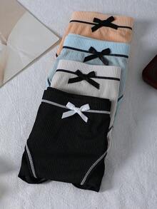 4pcs/Pack Ribbed Comfortable Cute Women's Panties - Multicolor - View 3