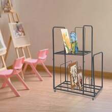 kangten Equipped With A Rolling Art Storage Rack, 2-Layer Metal Painting Board Storage Rack, Independent Art Canvas Storage Organizer, Modern Art Display Rack, Art And Collection Ventilation And Drying Rack Uphilltool Art Canvas Storage Rack, 2-Tier Painting Board Stand Art Drying Rack Art Easel Display Stands With Handrail And 4 Universal Wheels For Drawing Board, Panel, Paper Pad A Nice Gift - Black - View 3