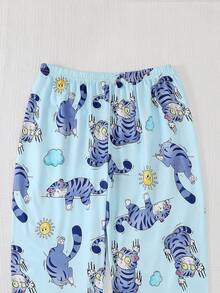 2pcs/Set Girls & Teens Casual Cartoon Cat Animal Print Crew Neck Long Sleeve Sweatshirt And Pants Sleepwear Set, Flame Retardant, All Season - Baby Blue - View 8