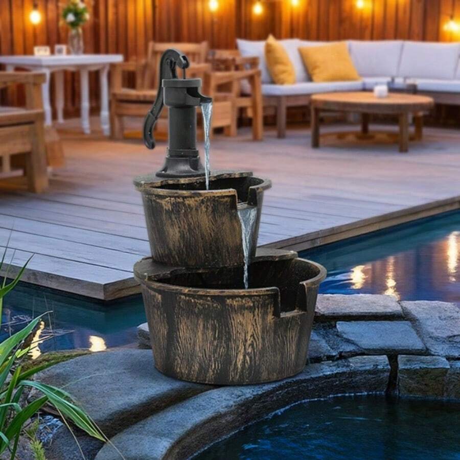 Outdoor Water Fountains, 27" Tall 2-Tier Barrel And Pump Waterfall Fountain And Pump For Outdoor Patio Garden Backyard Decking, 11 L Water - 銅色 - 查看 1