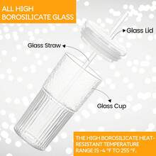 20 Oz Ribbed Glass Tumblers With Lids And Glass Straws – 4-Piece Glassware Set, Thickened Glass, Ideal For Iced Coffee, Smoothies, Cocktails, And Juices – Elegant And Durable Drinkware - Màu trong suốt - Xem 3