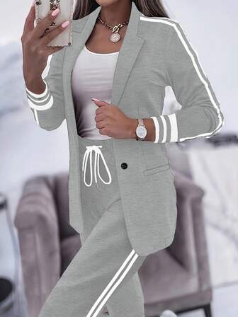 Women's Casual Sports Side Stripe Jacket And Pants Suit