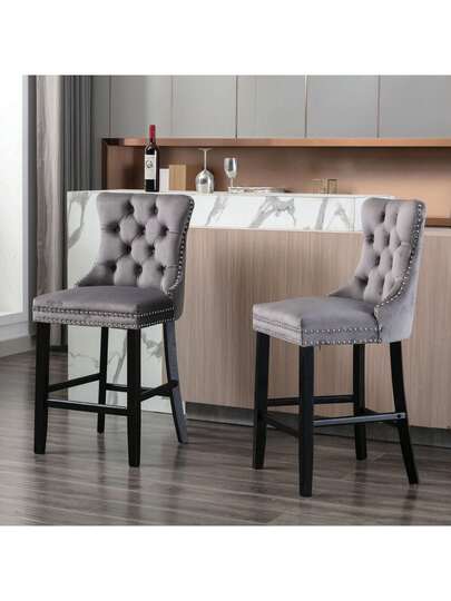 Contemporary Fluwelen Upholstered Bar Stool Buttoned Lattice Wooden Legs Chrome Nailhead Chair, Stools, DE2002BL view 2