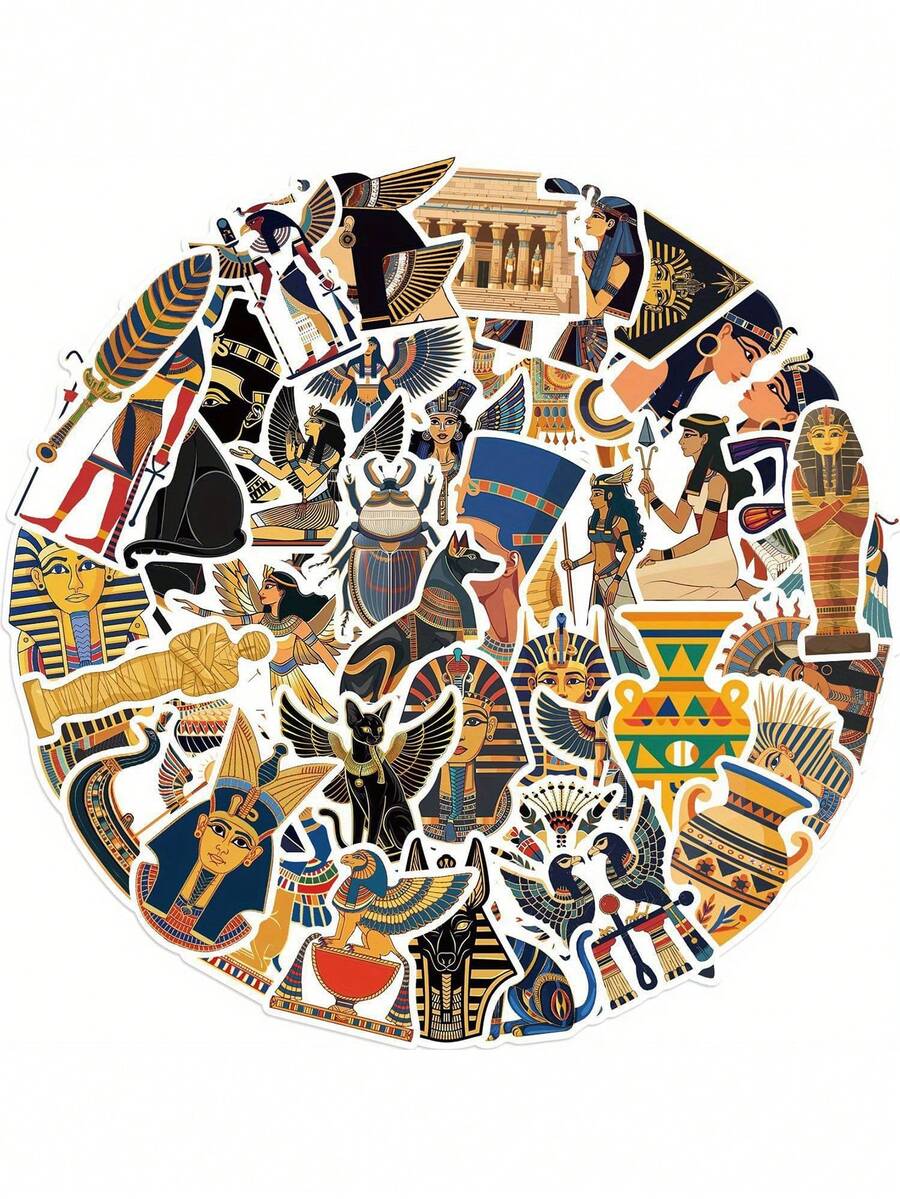 50pcs Vinyl Egyptian Stickers - CACOMVE Mixed Cartoon Decals For Water Bottle, Skateboard, Laptop, Phone, Reusable Waterproof Graffiti Stickers For Journaling, Scrapbooking, Party Supplies
