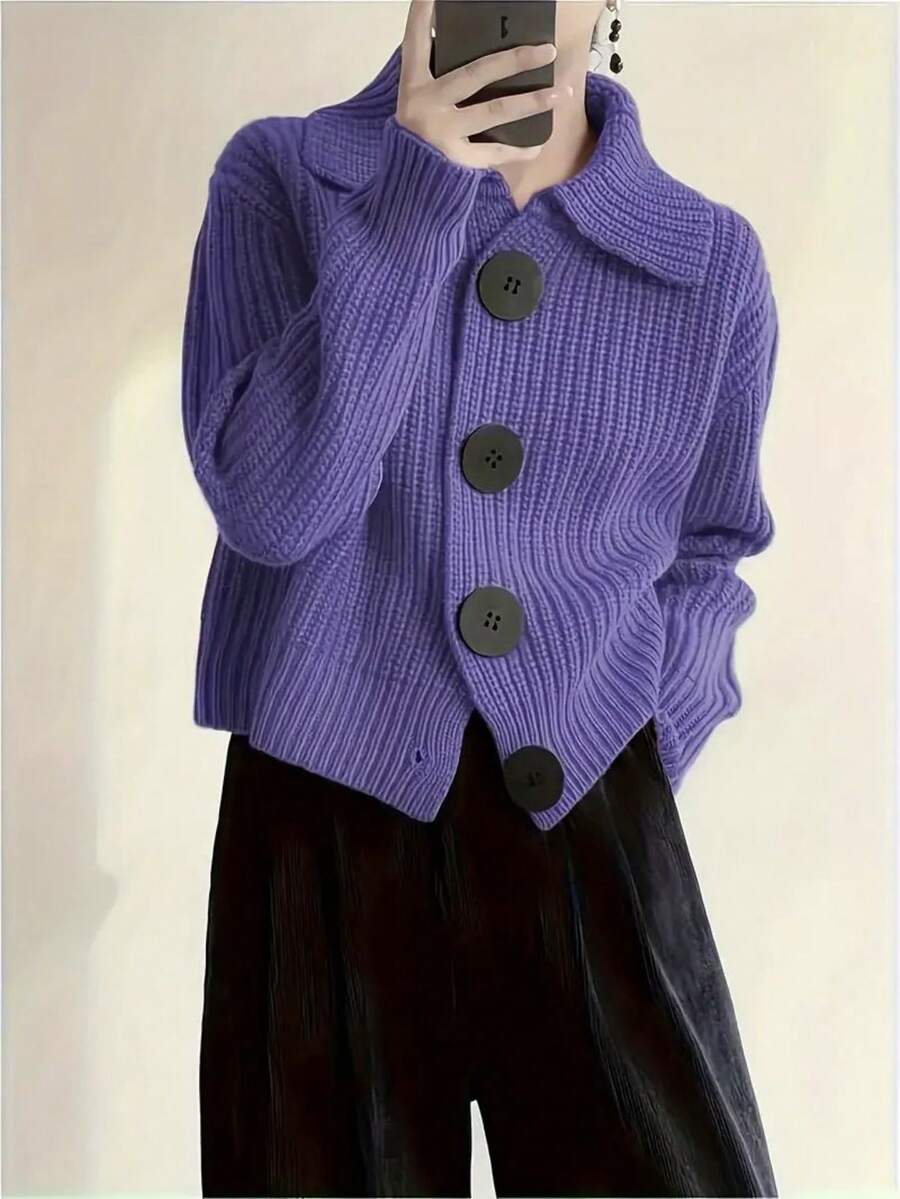 Women's Casual Fashion Turndown Collar Button Knitted Long Sleeve Cardigans, Autumn/Winter - Purple - View 1