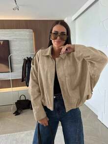 Urban Casual Solid Color Front Zipper Pocket Jacket, Relaxed Long Sleeve Bomber Jacket, Suitable For Spring And Autumn