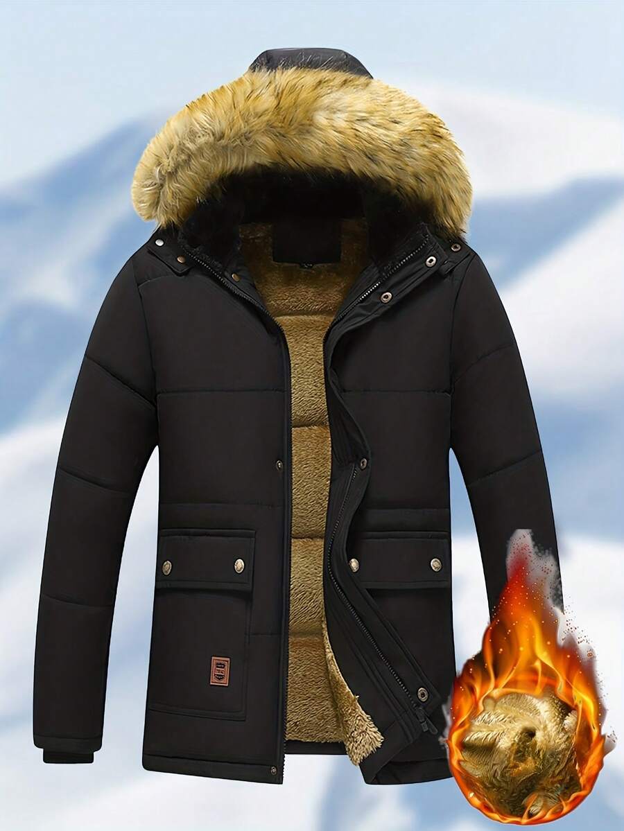 Men's Winter Cotton Jacket With Fleece Lining, Thickened Design & Large Fur Collar - Warm, Windproof, Hooded, Outdoor Casual, Versatile, Minimalist With Big Pockets - 黑色 - 查看 1