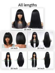 14-34 Inch Women's Black Wig Natural Black Wig With Bangs,Straight Wigs For Women, Wednesday Wig 65.3cm Long Straight Heat Resistant Synthetic Wig For Fashion Women Goth Y2K Style - Black - View 2