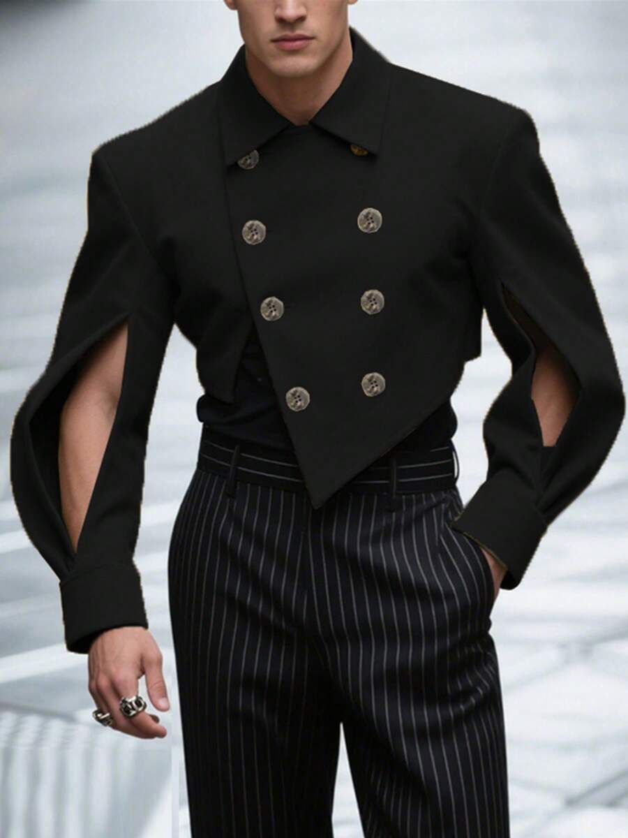 INCERUN Fashion Mens Buttons Split Long Sleeve Asymmetric Hem Solid Jacket Fall Party Casual Blazer Short Coat - màu đen - Xem 1