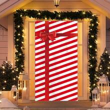 Christmas Door Cover Decoration Creative Diagonal Stripes Letter Large Bow Pattern Holiday Front Door Wrap For Home Party Decor - Red - View 2