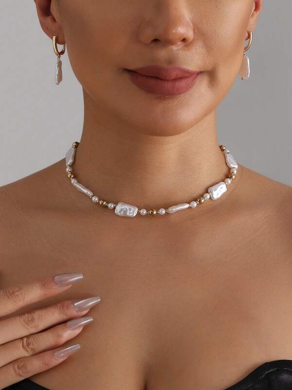 1 Set Elegant Vintage Faux Pearl Earrings & Necklace Jewelry Set, Suitable For Dates, Weddings, Engagements, Holidays, Parties, Gifts