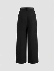 女式纯色时尚百褶直筒休闲裤 - 墨黑 - 查看 2