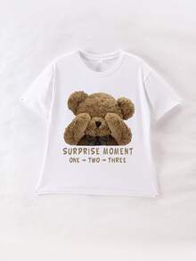 Tween Girl Teddy Bear Print Crew Neck T-Shirts Summer Girl's Casual Tee Soft Tops