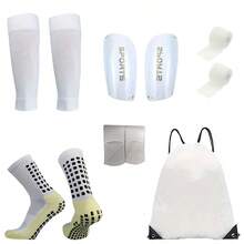 5-Piece Soccer Sports Gear Set With Silicone Grip Football Socks, Shin Guards, Protective Gear, Drawstring Backpack And Sports Tapes - Polyester And Elastane Knitted Tube Socks Solid Color Hand And Machine Washable
