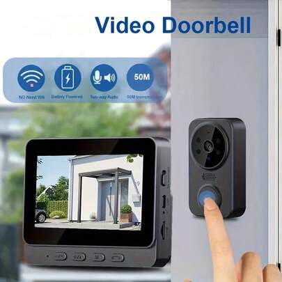Timbre con video inalámbrico, cámara con timbre visual y wifi, video HD y pantalla de 4.3 pulgadas, monitor interior en tiempo real, sin necesidad de aplicación ni red, grabación de imágenes y videos, almacenamiento local, visión nocturna, audio bidireccional, batería de larga duración, uso en interiores, ideal para herramientas y mejoras del hogar, para colgar en la pared, control táctil, recargable para una monitorización continua del hogar, ideal para personas mayores.