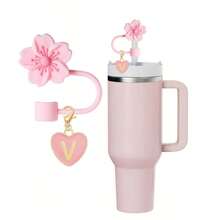 2pcs/1set Heart & Letter Pomegranate Flower Straw Topper, Pink Cup Letter Marker, And Silicone Pomegranate Flower Reusable Straw Cap 10mm Wide Straw, Cute Letter Decorations, Suitable Modern Minimalist Glass Cups - 粉色 - 查看 9