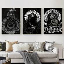 3件套圣母玛利亚涂鸦纹身骑士黑白海报墙艺术帆布画，奇卡诺文化叛逆女孩房间装饰 - 彩色 - 查看 4