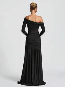 Elegant Sexy Asymmetric Neck Mesh Party Long Sleeve Dress, Halloween Party Super Long Dress, Christmas Party Formal Gown