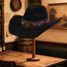 Sombreros de vaquera occidental unisex con banda floral, elegantes sombreros Fedora de ala ancha con cabeza de toro para uso diario y fiestas. - Negro - Ver 4