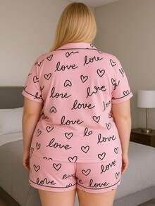 American Printed Plus Size Pajamas Blouse With Opening Buttons And Shorts Anastácia 50 52 54 56 - 粉色 - 查看 2
