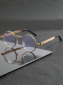 1 Herren neue runde Metall Steampunk Modebrillen, Federscharnierdesign, geeignet für Outdoor-Sport, Radfahren, Autofahren, Angeln, Reisen, Strandurlaub