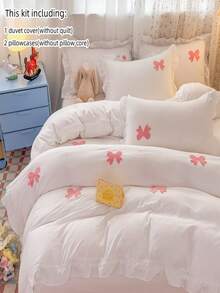 Cut Bow Embroidery Colorful Ruffle Duvet Cover Set, White Bedding Set 3pcs,Including 1 Duvet Cover And 2 Pillowcases, Ultra Soft Breathable Chic Comforter Cover