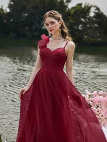 Faeriesty Luxe ELegant Ruched Front Mesh Overlay Cami Party Dress - Burgundy - View 4