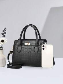 1 Túi xách nữ thời trang dập nổi họa tiết cá sấu, Túi đeo vai dung tích lớn, Thanh lịch & Đa năng, Thích hợp cho các buổi hẹn hò, mua sắm, Quà tặng Ngày của Mẹ - màu đen - Xem 3