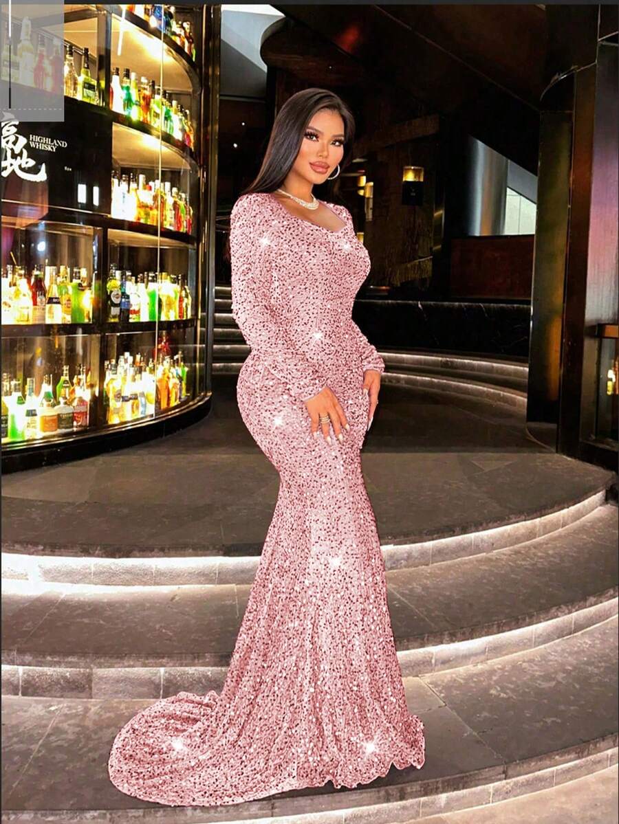 CHOSMO Women's New Autumn Sequin Long Sleeve Mermaid Formal Dress, Glamorous Elegant Fitted High Waist Evening Gown Wedding Spring Party