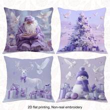 MEMNUN 4 件圣诞老人、圣诞树、驯鹿、雪人礼盒，白色印花涤纶抱枕套 [无枕芯]，17.7 * 17.7 英寸（45 * 45 厘米），[单面印刷] 圣诞快乐靠垫套，圣诞装饰，房间装饰，家居装饰，卧室装饰，沙发、床、客厅、卧室、汽车、办公室、酒店装饰的房间装饰用品，送给家人和朋友的圣诞礼物 - 彩色 - 查看 4