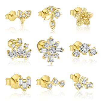 S925 Sterling Silver 18K Gold Plated Cubic Zirconia Leaf & Flower Stud Earrings, Minimalist & Elegant Design, Suitable As Gift For Girlfriend, Birthday, Holiday