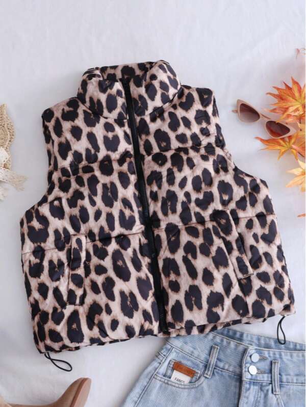 Women's Autumn/Winter Leopard Print Holiday & Party Warm Casual Vest Jacket, Fashion Casual Versatile Cotton Padded Vest Jacket, Going Out Brown Leopard Print Vest Jacket