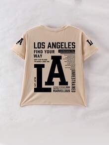 Tween Boy LA Slogan Print Crew Neck T-Shirts Summer Boy's Casual Tee Soft Tops,Streetwear And Vacation Wear.Suitable For And Boys To Wear,Suitable For Daily Wear,Can Be Given As A Gift To Family,Girlfriend, Friends,Comfortable Short Sleeves Casual Pullover, Machine Washable, Daily Essential, Loose Style, Suitable For Both Boy And Women, Street Style - Apricot - View 7