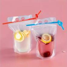 50/100pc Portable Transparent Juice Bag And Beverage Bag, Disposable Creative Leak-Proof Zipper Bag, Takeout Ice Cream Bag Packing Bag, Suitable For Juice, Milk, Beverages, Cola, Parties And Festivals - 透明 - 查看 3