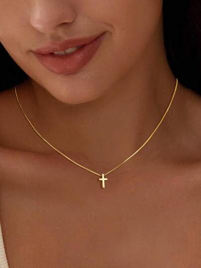 1pc Delicate & Compact Golden Cross Necklace, Minimalist & Elegant, Suitable For Women's Daily And Outdoor Wear, An Excellent Gift For Christian Women