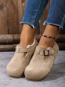 Mocasines planos de mujer con puntera redonda, forro de felpa y diseño cómodo, nuevos para el otoño/invierno 2025, de estilo minimalista y versátil, color albaricoque, zapatos casuales de estilo universitario, ligeros y cómodos, adecuados para usar en Navidad/Año Nuevo