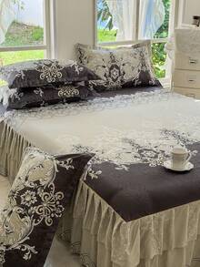 3pcs Bedskirt Set (1 Bedskirt + 2 Pillowcases), Floral Pattern, Soft & Skin-Friendly, Suitable For Bedroom, All Season