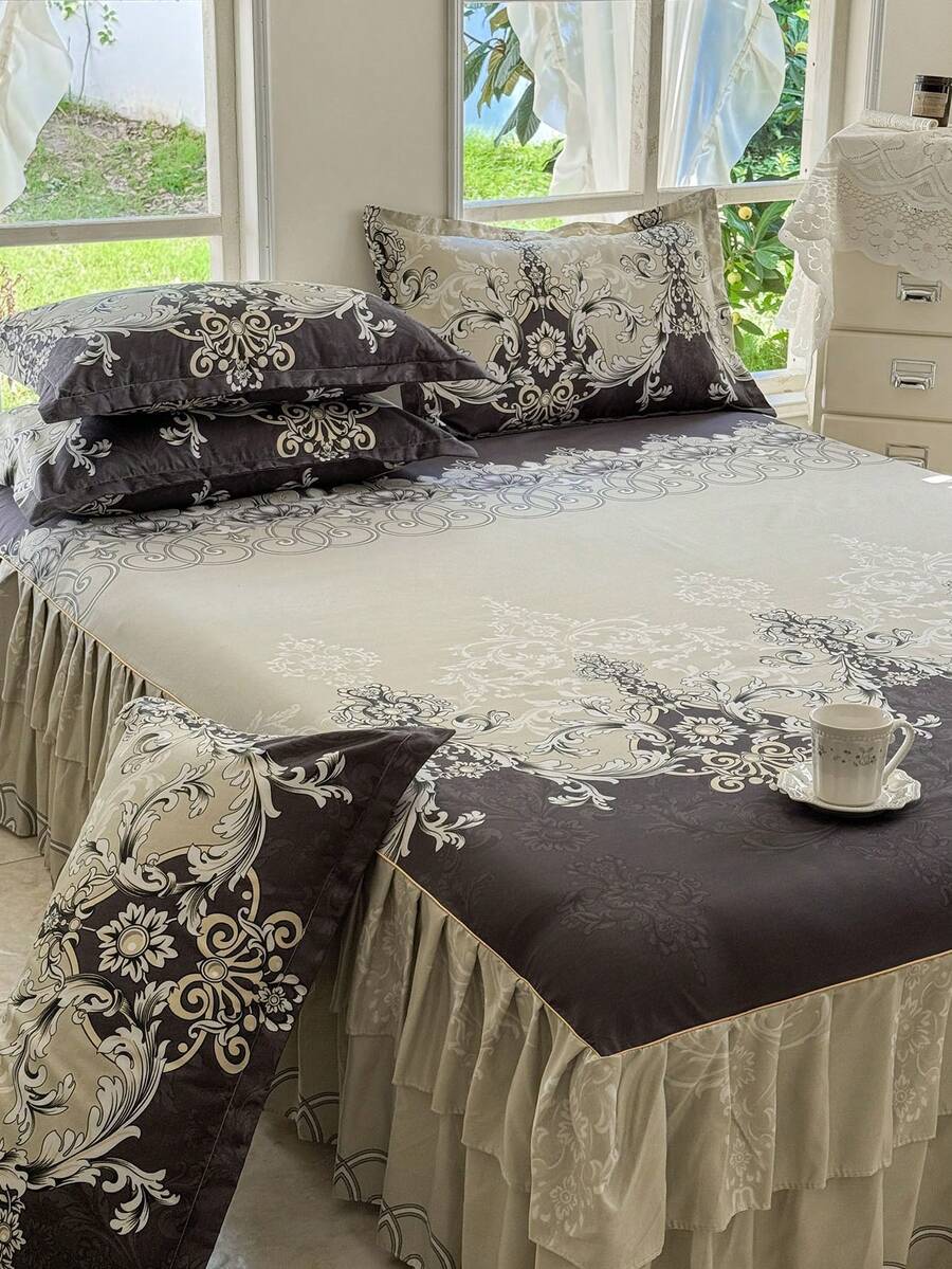 3pcs Bedskirt Set (1 Bedskirt + 2 Pillowcases), Floral Pattern, Soft & Skin-Friendly, Suitable For Bedroom, All Season - Grey - View 1
