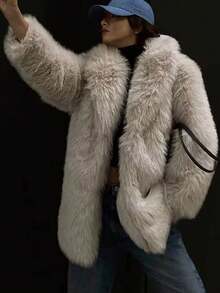 女士时尚仿皮草长款外套，纯色长袖女式大衣，复古时尚街头风冬季外套 白色 - 白色 - 查看 2